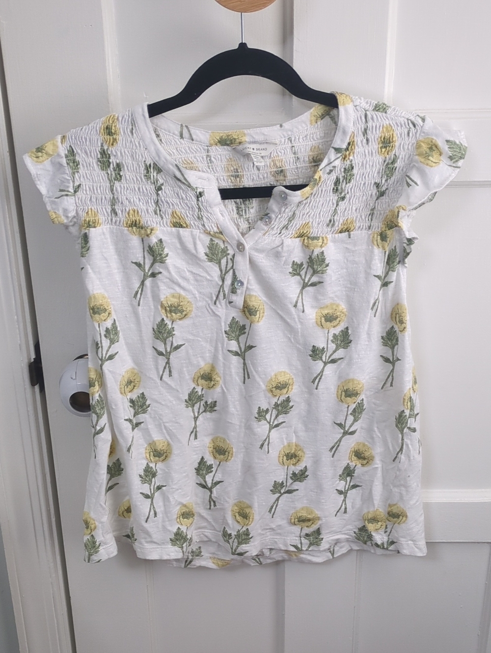 Lucky Brand White Floral Smocked Yoke Tunic with Yellow Blooms